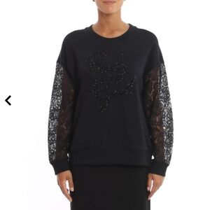 TWINSET Milano "Party Girl" Lace Embroidered long sleeves sweater. Black. Size M
